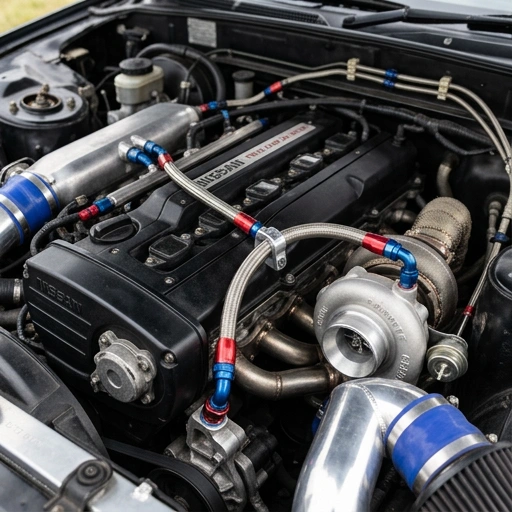 Close-up of a braided turbocharger oil feed line fitted on a Nissan RB25DET engine