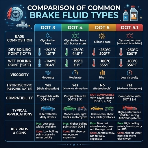 Chart comparing DOT 3, DOT 4, DOT 5, and DOT 5.1 brake fluids boiling points and composition