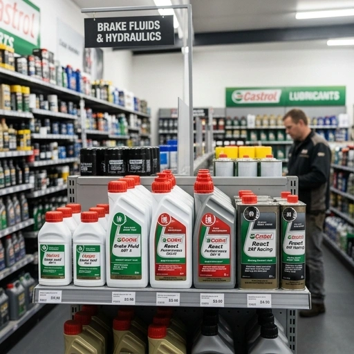 Selection of Castrol brake fluid bottles on workshop shelf with brand colours