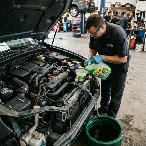 Car engine bay during a coolant flush procedure