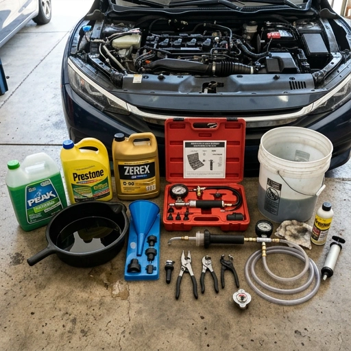 Tools and coolant bottles ready for a cooling system flush