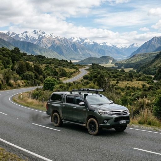 Diesel vehicle driving on a scenic New Zealand road illustrating real-world driving conditions