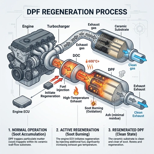Diagram illustrating active and passive regeneration processes in a Diesel Particulate Filter