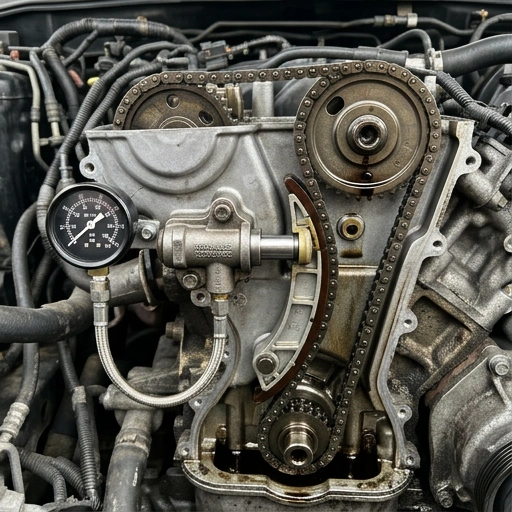 Hydraulic tensioner mechanism inside an engine illuminated by natural light