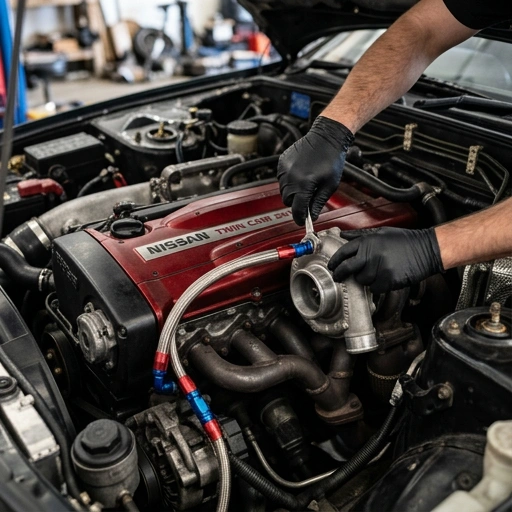 Mechanic installing braided turbo oil feed line on Nissan RB20DET engine in Auckland workshop