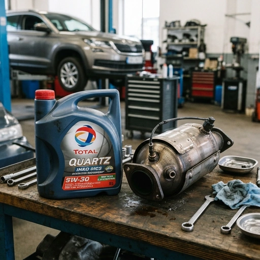 Bottle of low SAPS engine oil next to a diesel particulate filter component