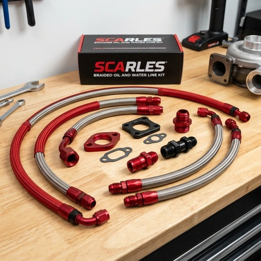 Scarles branded braided turbo oil and water line kit components laid out on workshop bench