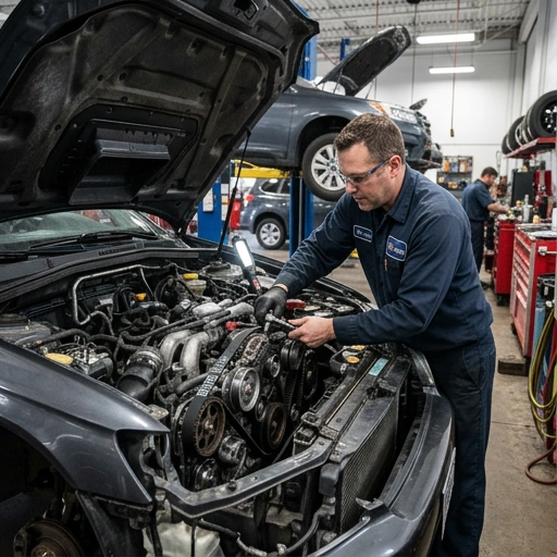 Mechanic replacing a timing belt on a car engine in a well-lit workshop