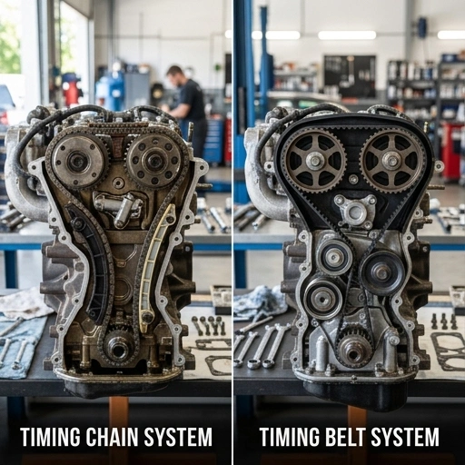 Close-up of a timing chain and timing belt inside a car engine