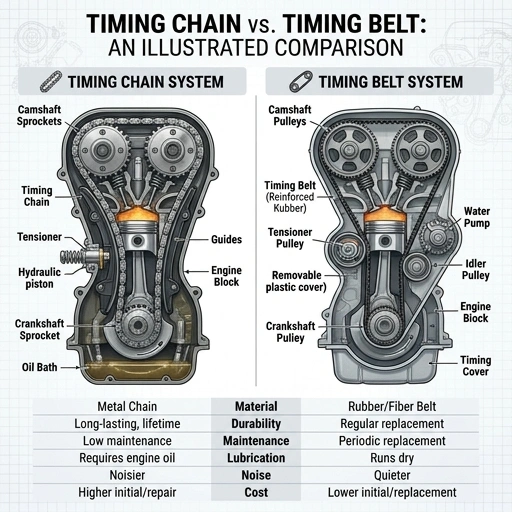 Illustration comparing timing chain and timing belt inside an engine
