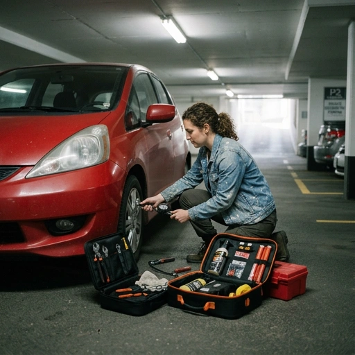 Car parked in apartment basement with a maintenance kit beside it