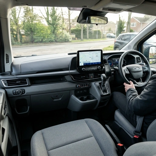 Ford Transit Custom interior dashboard showing SYNC 4 and Apple CarPlay screen