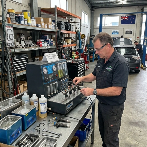 Technician performing fuel injector cleaning in an Auckland workshop