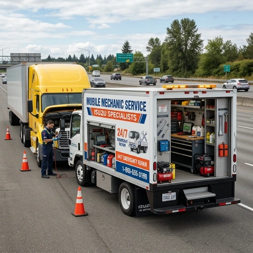Mobile mechanic servicing an Isuzu N-Series truck at a commercial site