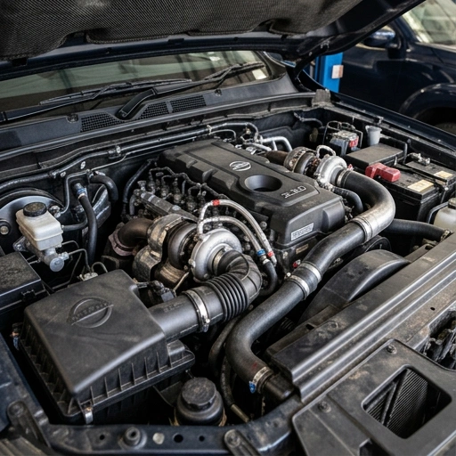 Close-up of Nissan Navara D23 twin-turbo diesel engine turbocharger system