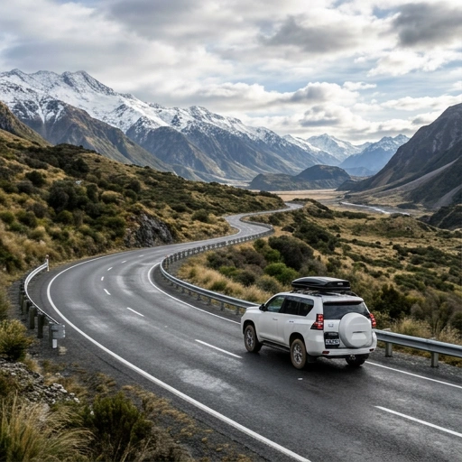 Toyota LandCruiser Prado driving on a scenic New Zealand rural road