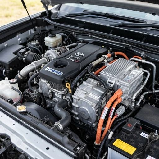 Close-up of Toyota LandCruiser Prado hybrid badge and engine bay