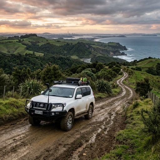 Toyota LandCruiser Prado climbing a steep hill track near Auckland