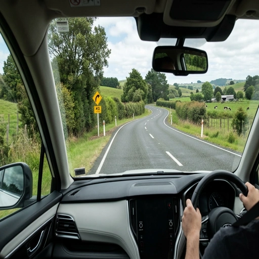 Rural road in Pukekohe with farm vehicle and safety signs
