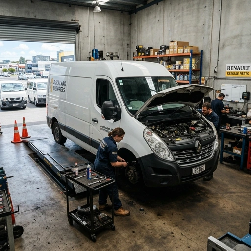Renault Master van undergoing maintenance at a service centre in Auckland