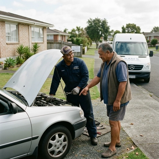 Mobile mechanic discussing vehicle repair with customer in South Auckland driveway