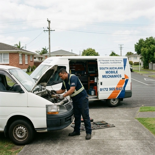 Mobile mechanic working on a courier van engine in South Auckland industrial area
