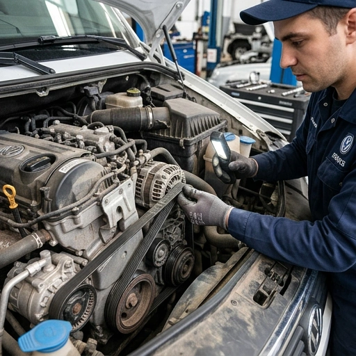 Technician inspecting VW Crafter timing belt with tools