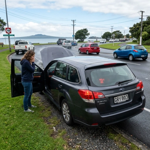 Car stopped safely on roadside in Auckland with emergency oil light on dashboard