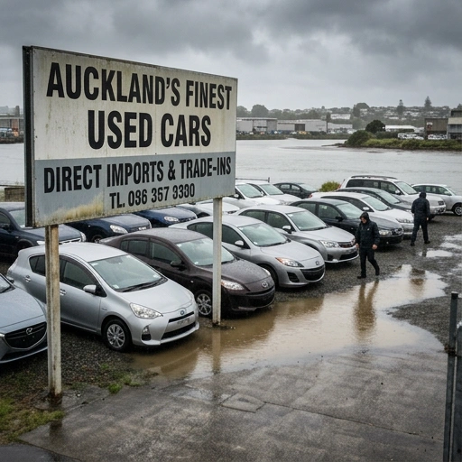 Used cars parked in Auckland dealership lot with flood risk awareness signage