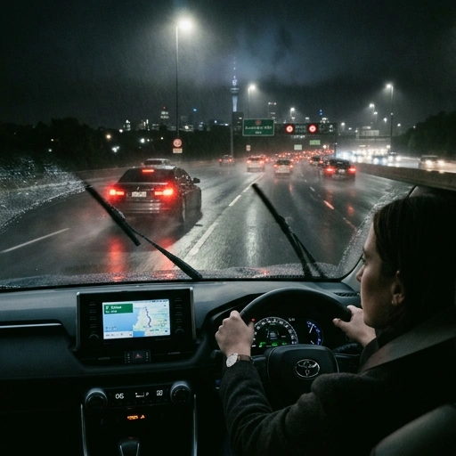 Car driving with dipped headlights on a foggy Auckland winter morning