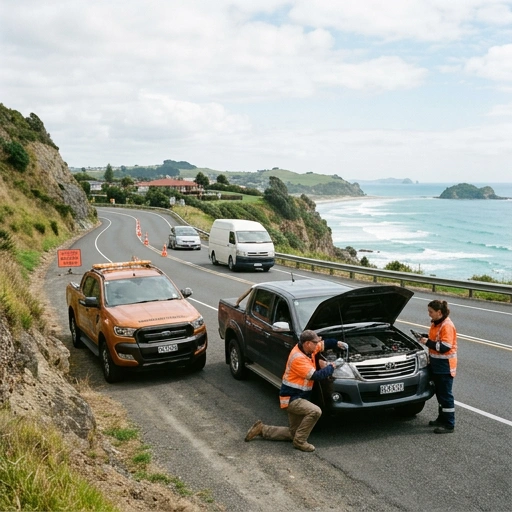 Car parked near Beachlands coastal road with mechanic performing service
