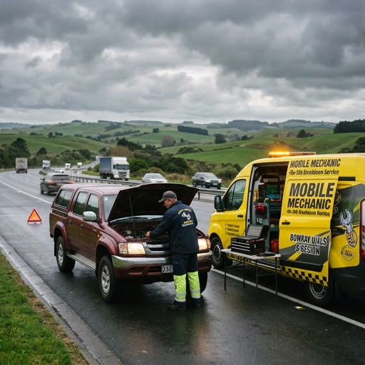 Mobile mechanic assisting a car broken down on State Highway 1 near Bombay Hills
