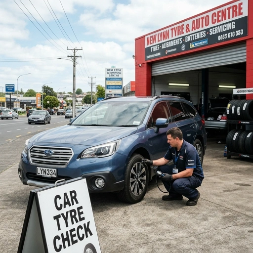 Mechanic checking car tyre tread and pressure in New Lynn