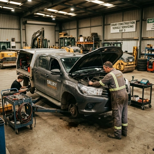 Mobile mechanic servicing a work ute near a new housing development construction site in Drury