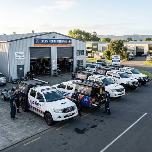 Fleet of work utes lined up at a Drury construction site serviced by a mobile mechanic