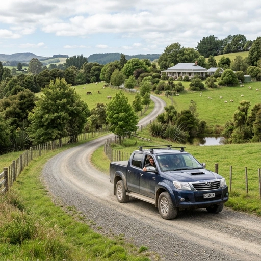 Long gravel driveway of a Karaka lifestyle block with a ute parked and paddock fencing