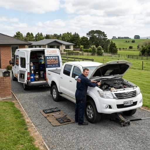 Mobile mechanic servicing a ute on a Karaka lifestyle block driveway