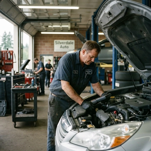 Mobile mechanic inspecting car engine under the hood in Silverdale