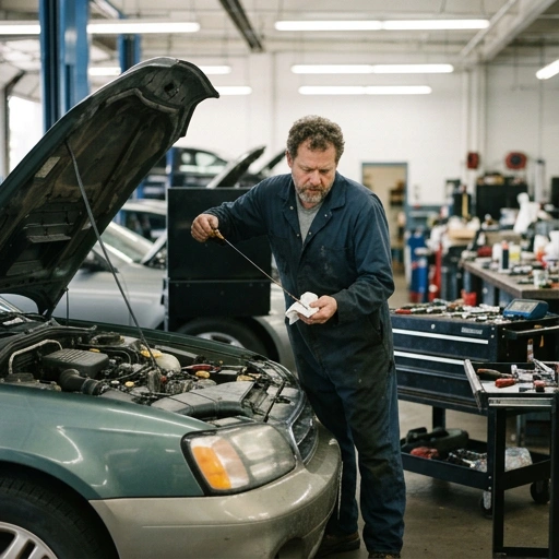 Mechanic checking engine oil level with dipstick