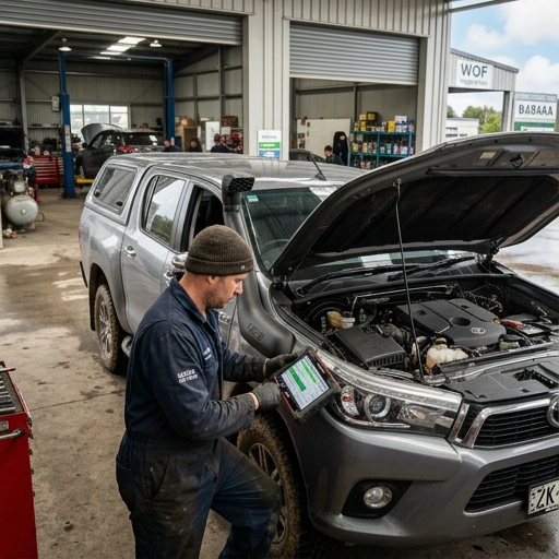 Mobile mechanic performing engine diagnostics on a ute in Karaka driveway