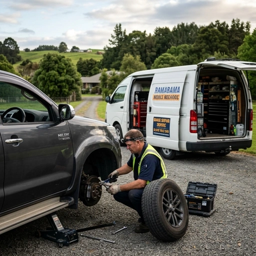 Mobile mechanic performing brake repair on vehicle at Ramarama lifestyle block