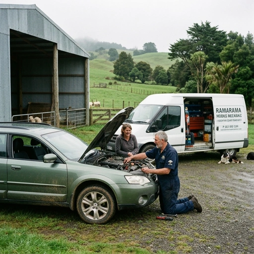 Mobile mechanic servicing a vehicle on a rural lifestyle block driveway near SH1 corridor