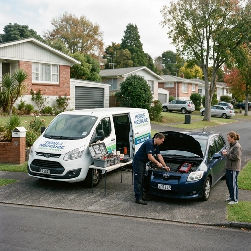 Mobile mechanic servicing a car in a New Lynn residential driveway