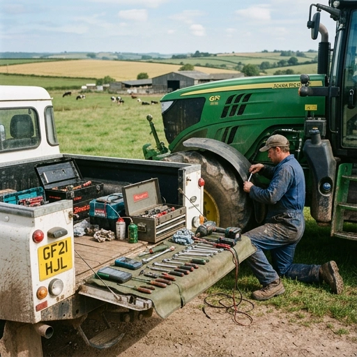 Mobile mechanic tools and diagnostic equipment laid out on a rural farm driveway