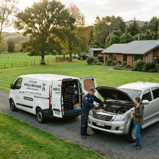 Mobile mechanic van parked outside a Karaka lifestyle block home on a gravel driveway