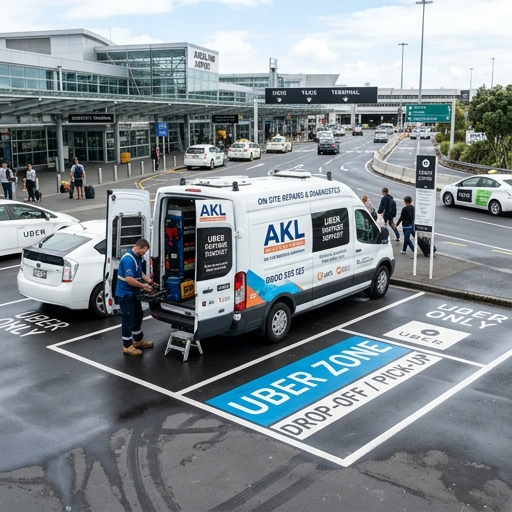Mobile service van parked at Uber rideshare pickup zone in Auckland
