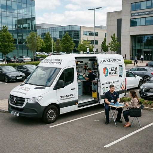 Orange and white Oil Pro mobile servicing van parked at a corporate office car park