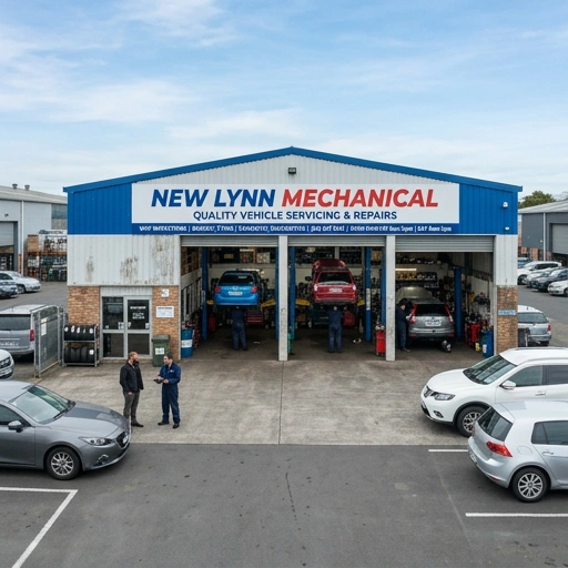 Exterior view of a busy mechanic workshop in New Lynn suburb