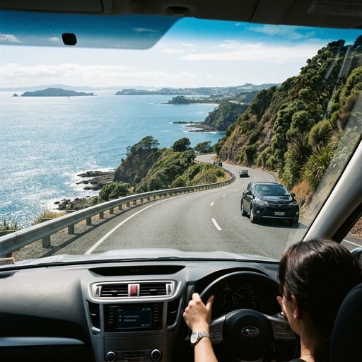 Car driving on a scenic coastal road near Orewa, North Auckland