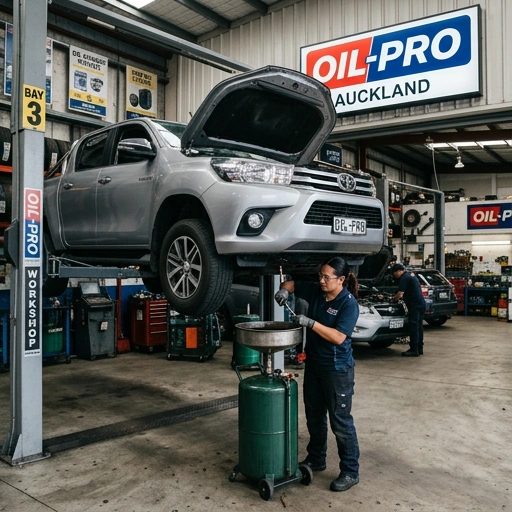 Mechanic performing oil change service on a small car in Tuakau driveway